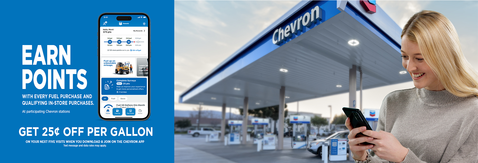 Girl on phone-Chevron Station earn points with chevron mobile app